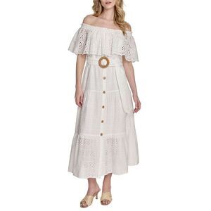Eliza J Womens Cotton Off-The-Shoulder Belted Midi Dress 4 Ivy - NWT
